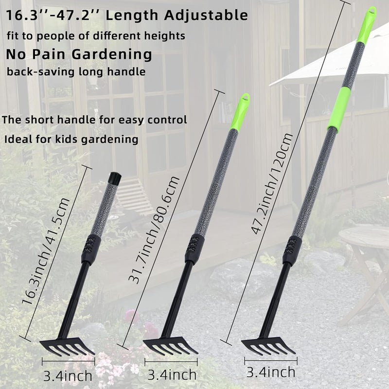 KLDOLLAR Hand Rake, Adjustable Handle Garden Small Rake Garden Tool, Heavy Duty Hand Tiller Cultivator with Soft Foam Grip, Mini Rakes for Weeding Tilling Soil Loosing Planting - Image 2